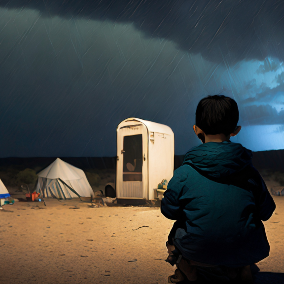 Depiction of an open air site with porta potties and tents and the back of a child in the foreground